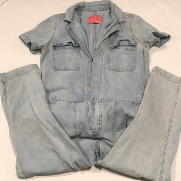 Dressed In LALA “Willa Denim Jumpsuit” Short Sleeve Pockets S/M - Picture 3 of 16